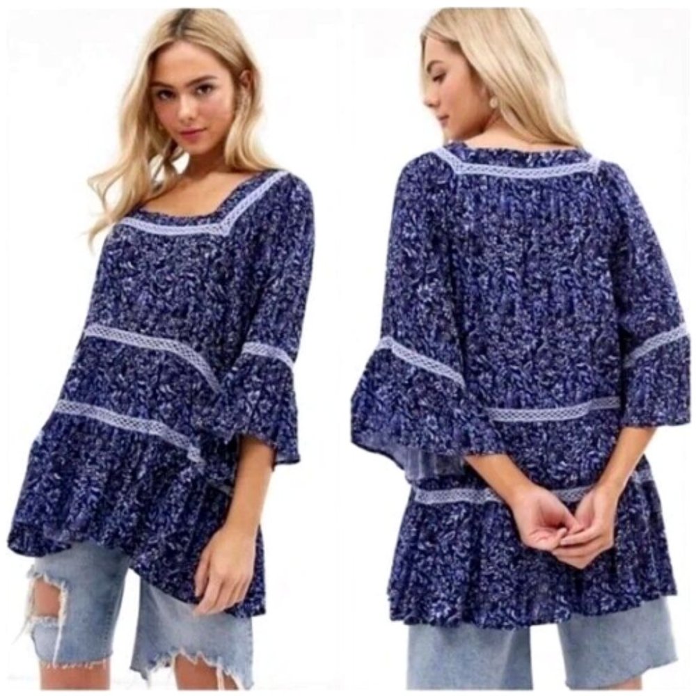 Free People TUNIC Talk About It MIDNIGHT Blue Floral Print Tunic XS New $108